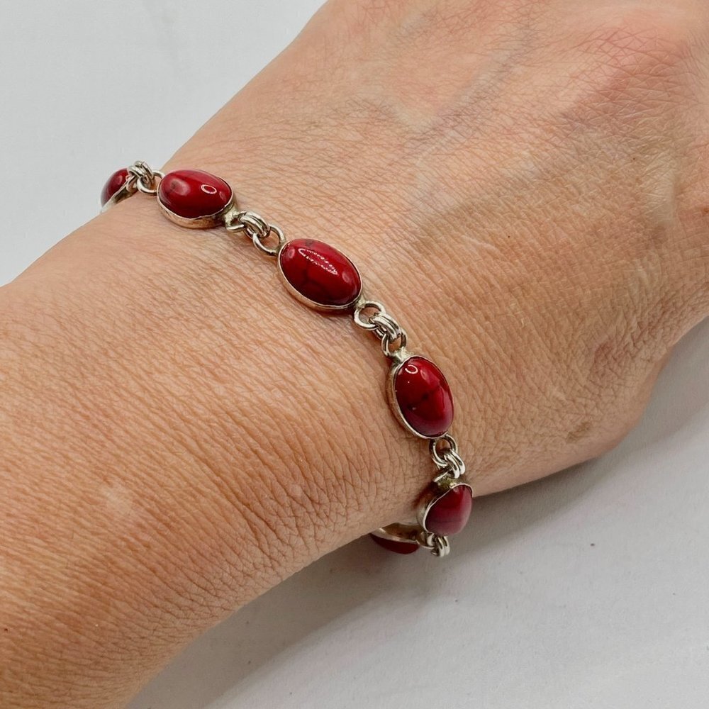 Red Jasper Cabochon .925 Sterling Silver Bezel Set Link Bracelet 7.5" Artisan